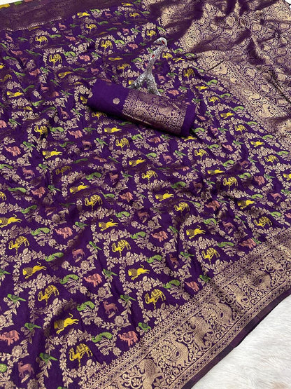 Lustrous Royal Purple Soft Banarasi Silk Saree With Eclat Blouse Piece