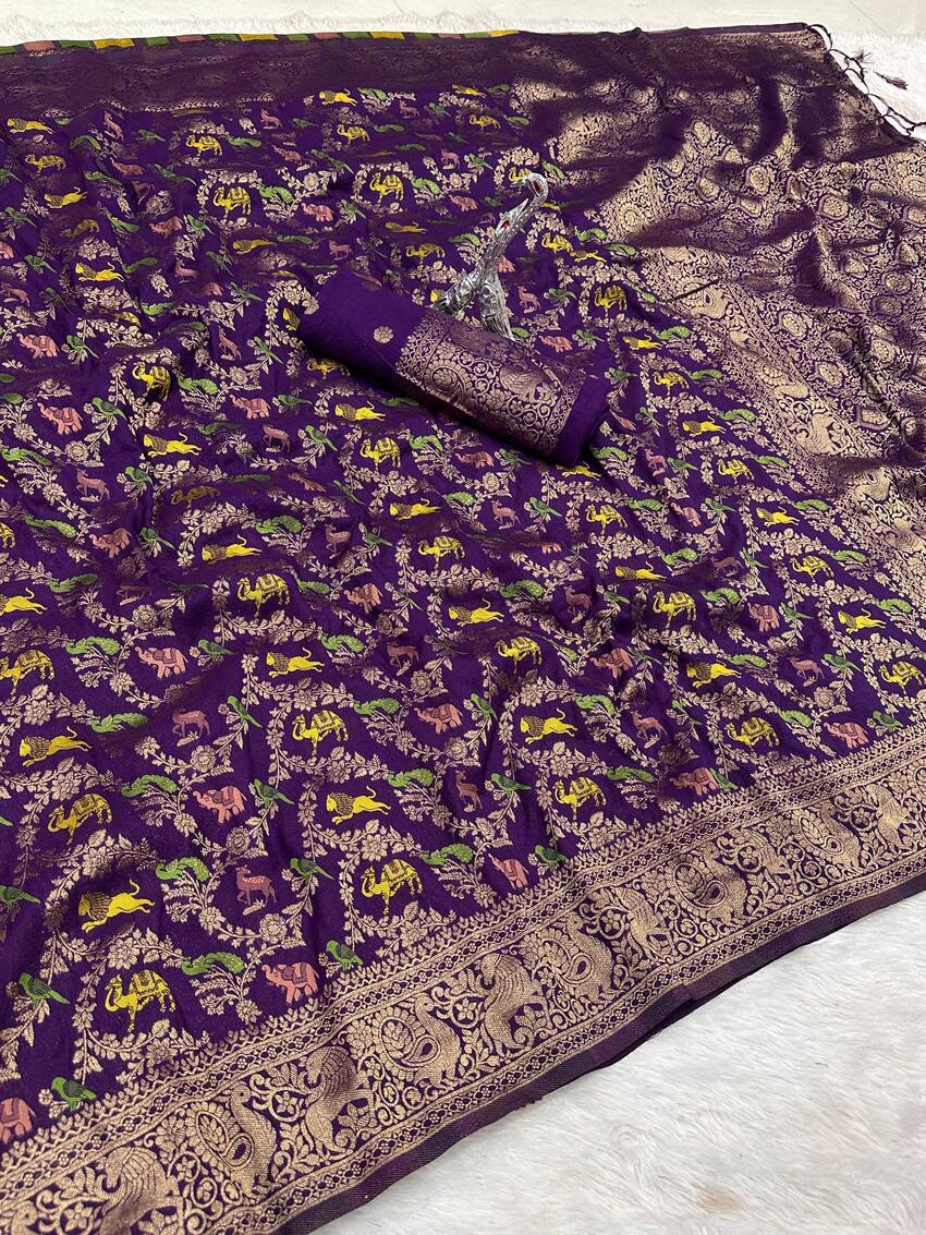 Lustrous Royal Purple Soft Banarasi Silk Saree With Eclat Blouse Piece