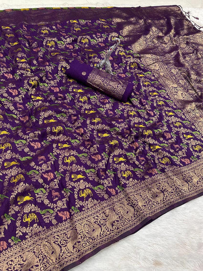 Lustrous Royal Purple Soft Banarasi Silk Saree With Eclat Blouse Piece