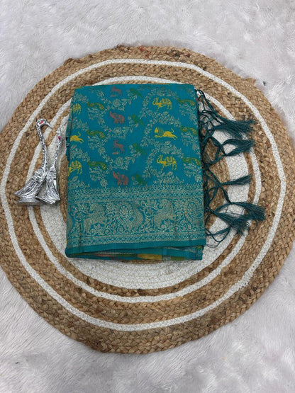 Demanding Sea Green Soft Banarasi Silk Saree With Radiant Blouse Piece