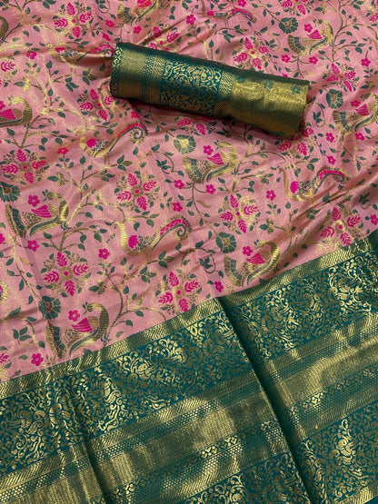 Imaginative Baby Pink Kanjivaram Silk Saree With Ravishing Blouse Piece