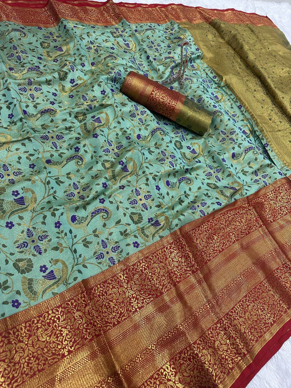 Conflate Sea Green Kanjivaram Silk Saree With Fragrant Blouse Piece