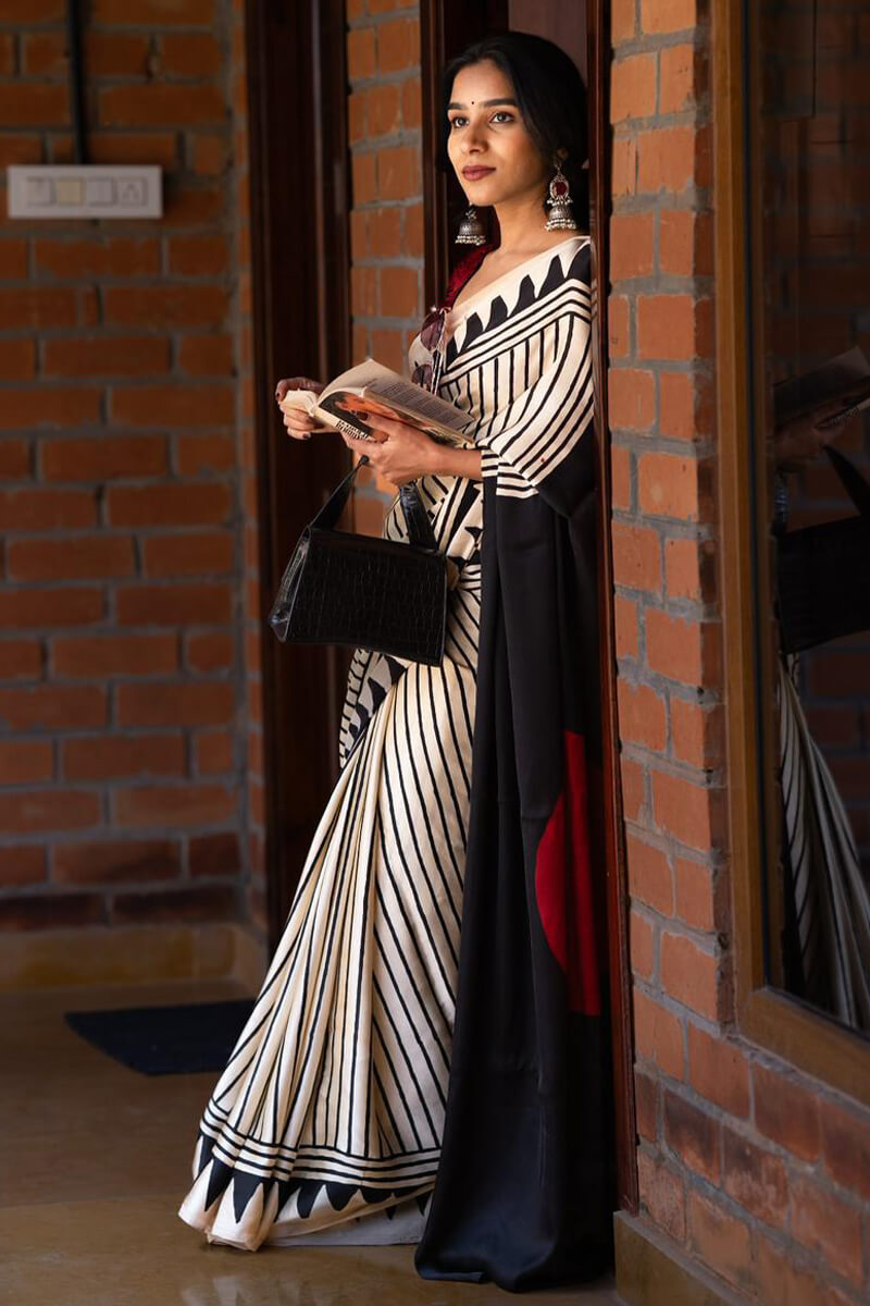 Glorious Beige Digital Printed Crape Silk Saree With Whimsical Blouse Piece