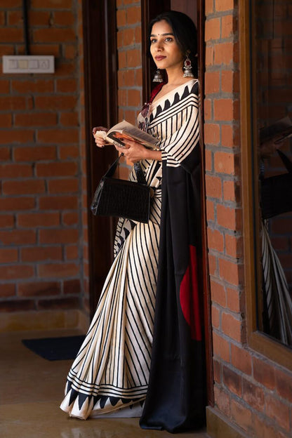 Glorious Beige Digital Printed Crape Silk Saree With Whimsical Blouse Piece