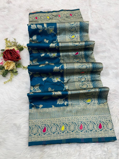 Snazzy Blue Soft Banarasi Silk Saree With Dazzling Blouse Piece