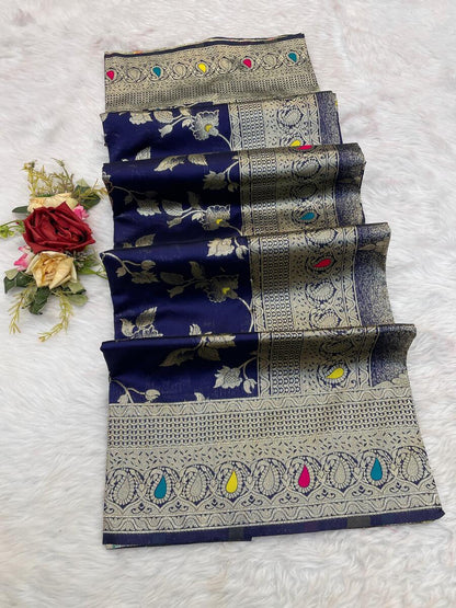 Assemblage Navy Blue Soft Banarasi Silk Saree With Classy Blouse Piece