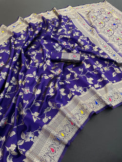 Woebegone Royal Blue Soft Banarasi Silk Saree With Demure Blouse Piece