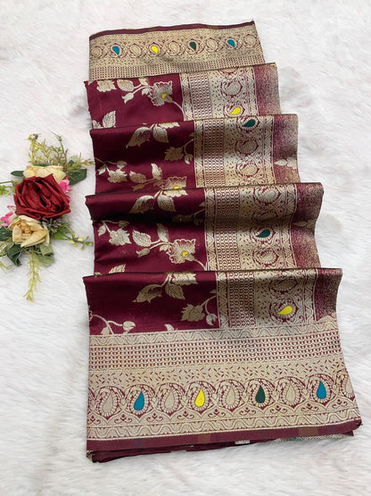 Charismatic Wine Soft Banarasi Silk Saree With Proficient Blouse Piece