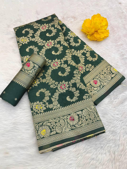 Blooming Dark Green Soft Banarasi Silk Saree With Captivating Blouse Piece