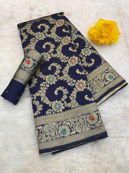 Resplendent Navy Blue Soft Banarasi Silk Saree With Scrumptious Blouse Piece