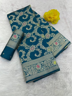 Enigmatic Rama Soft Banarasi Silk Saree With Adorable Blouse Piece