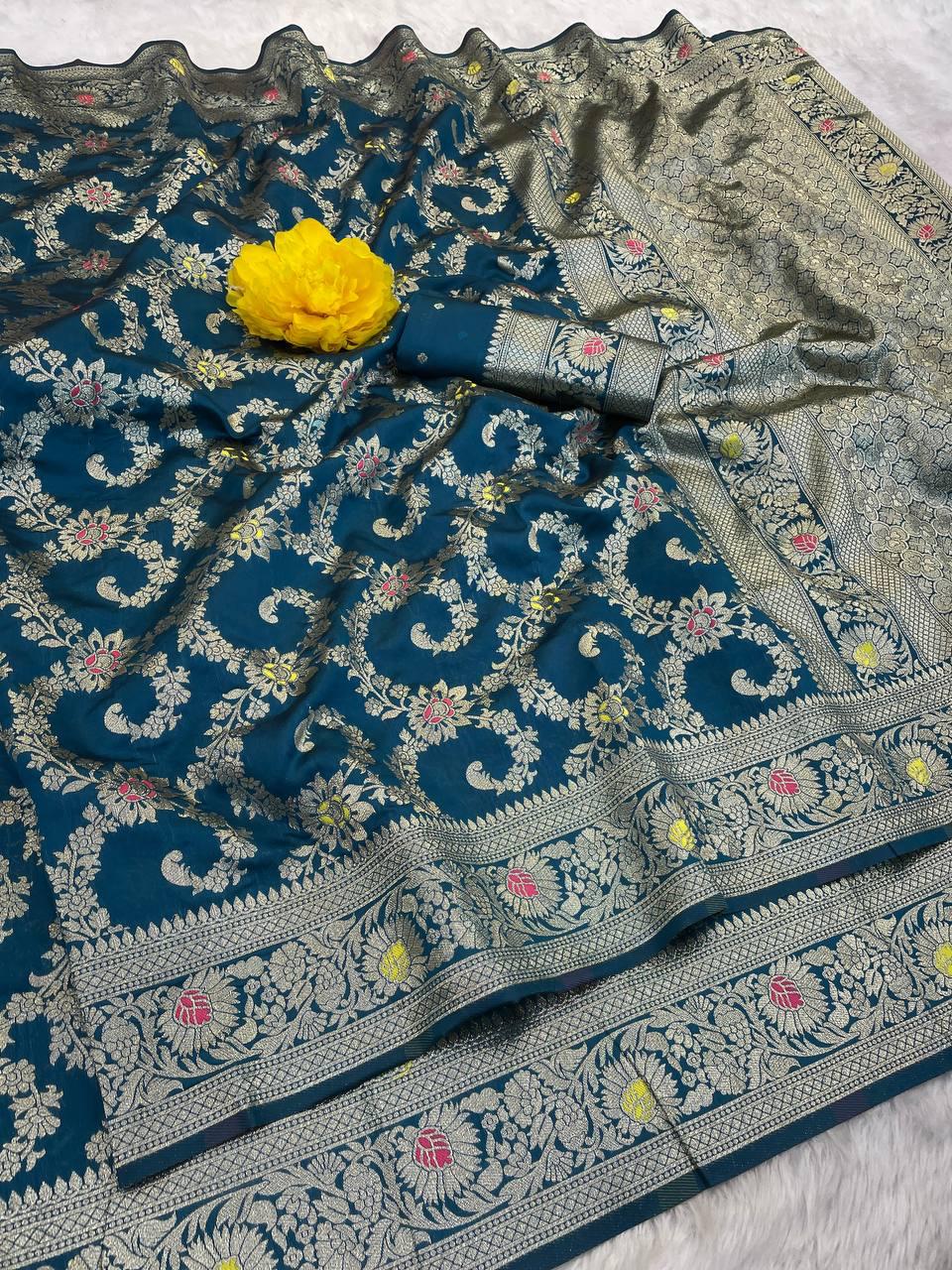 Enigmatic Rama Soft Banarasi Silk Saree With Adorable Blouse Piece