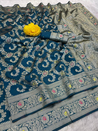 Enigmatic Rama Soft Banarasi Silk Saree With Adorable Blouse Piece