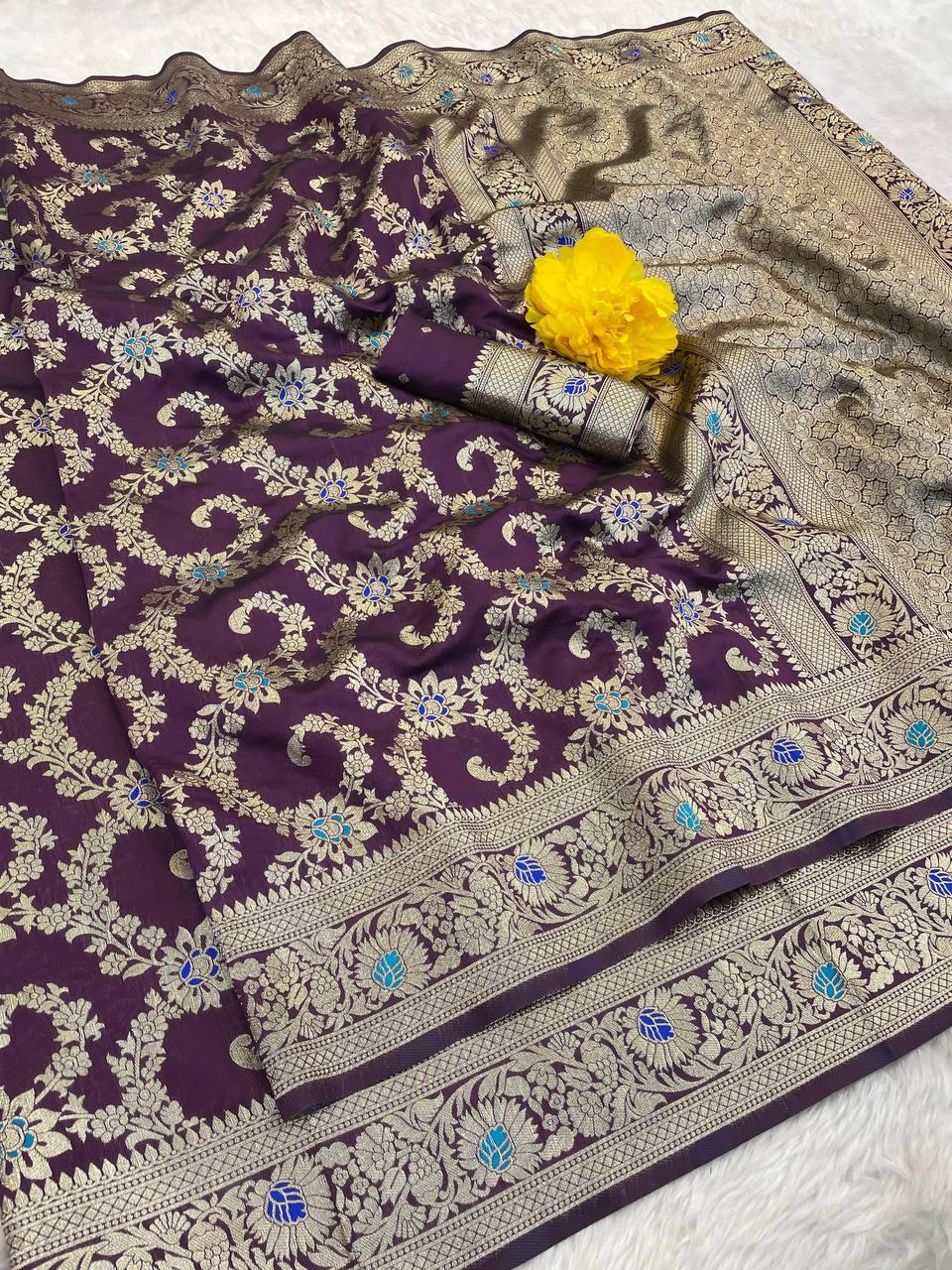 Seraglio Wine Soft Banarasi Silk Saree With Invaluable Blouse Piece