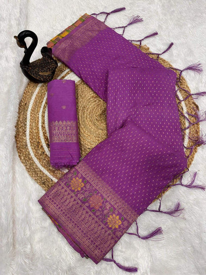 Beautiful Lavender Soft Banarasi Silk Saree With Snazzy Blouse Piece