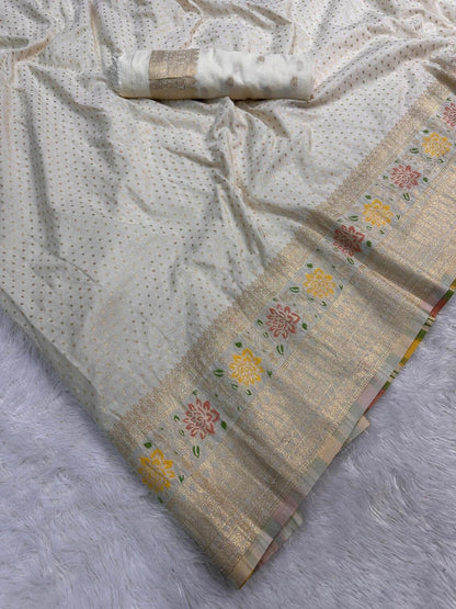 Beautiful Off White Soft Banarasi Silk Saree With Snazzy Blouse Piece