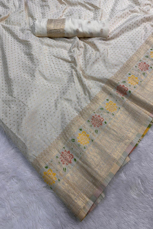 Load image into Gallery viewer, Beautiful Off White Soft Banarasi Silk Saree With Snazzy Blouse Piece
