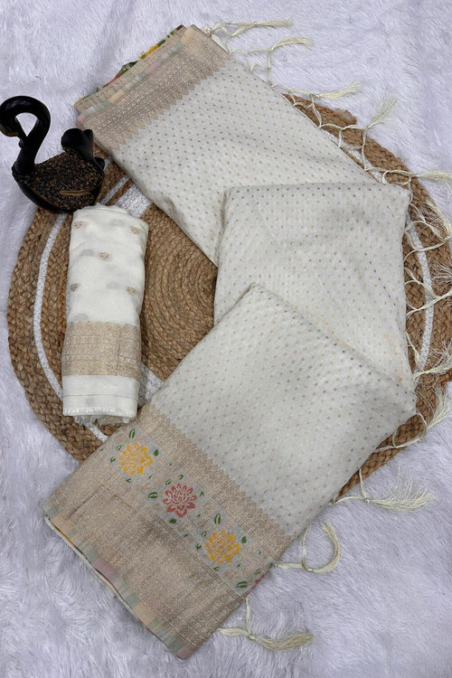 Load image into Gallery viewer, Beautiful Off White Soft Banarasi Silk Saree With Snazzy Blouse Piece
