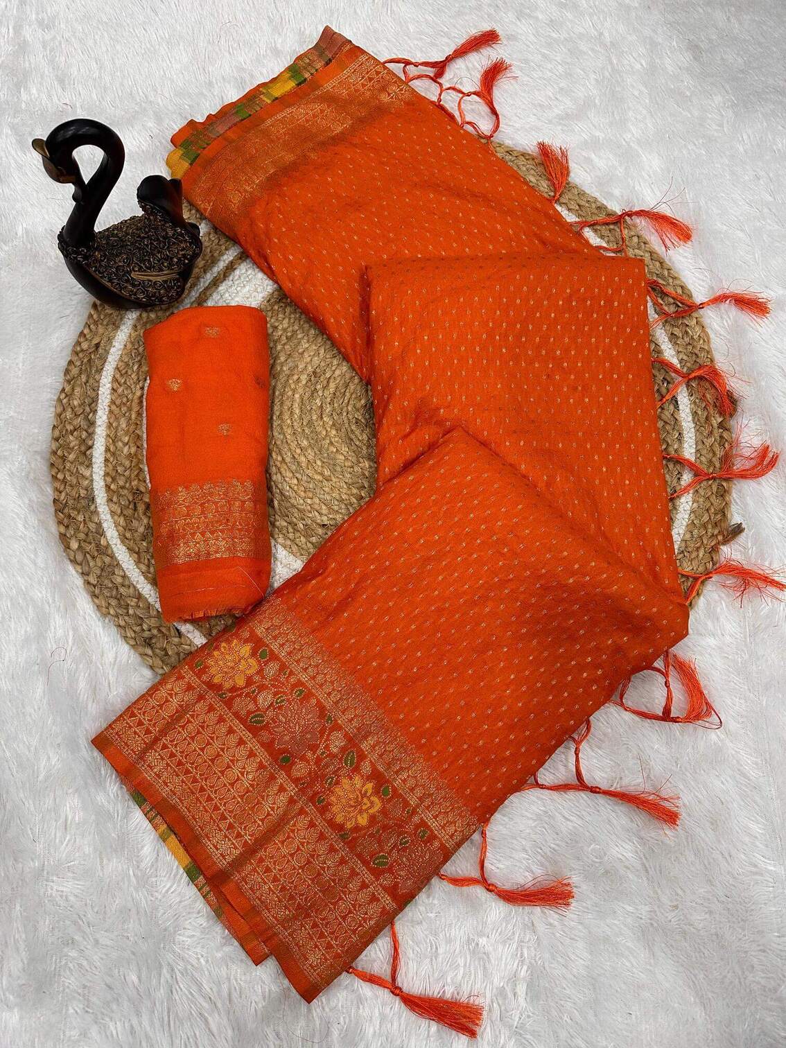 Beautiful Orange Soft Banarasi Silk Saree With Snazzy Blouse Piece