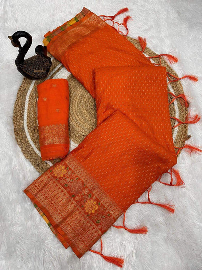 Beautiful Orange Soft Banarasi Silk Saree With Snazzy Blouse Piece