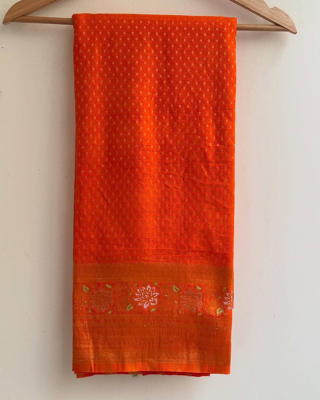 Beautiful Orange Soft Banarasi Silk Saree With Snazzy Blouse Piece