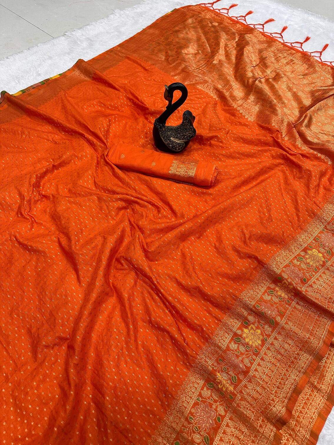 Beautiful Orange Soft Banarasi Silk Saree With Snazzy Blouse Piece