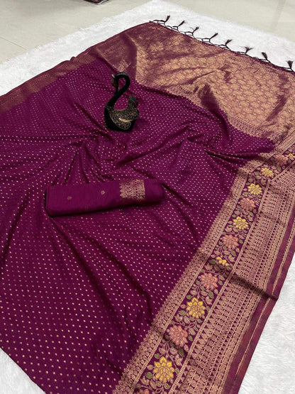 Beautiful Purple Soft Banarasi Silk Saree With Snazzy Blouse Piece