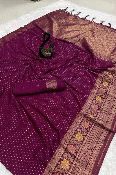 Beautiful Purple Soft Banarasi Silk Saree With Snazzy Blouse Piece