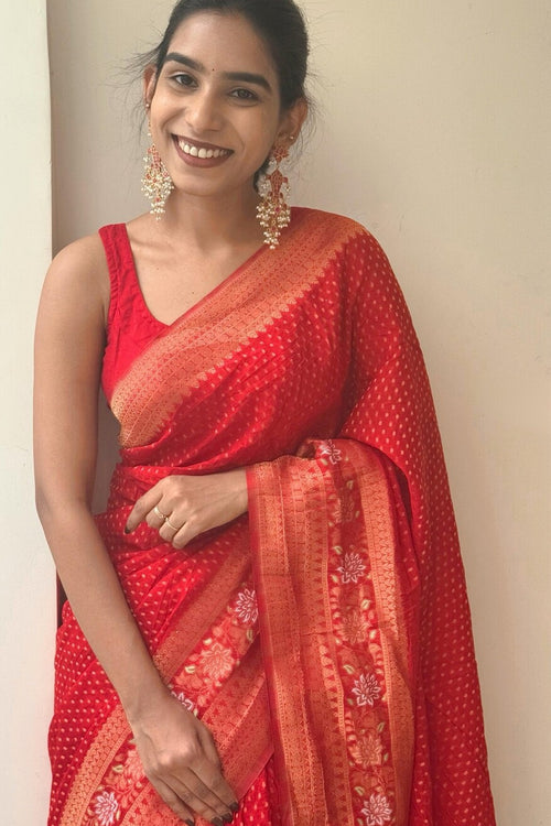 Load image into Gallery viewer, Beautiful Red Soft Banarasi Silk Saree With Snazzy Blouse Piece
