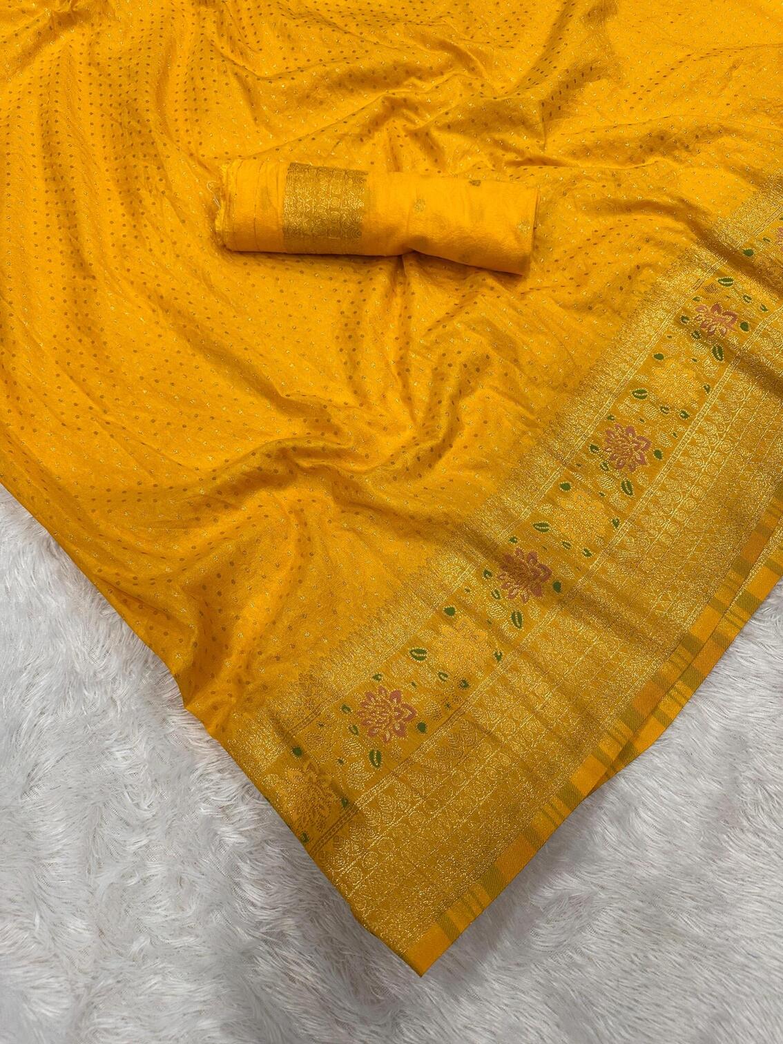 Beautiful Yellow Soft Banarasi Silk Saree With Snazzy Blouse Piece