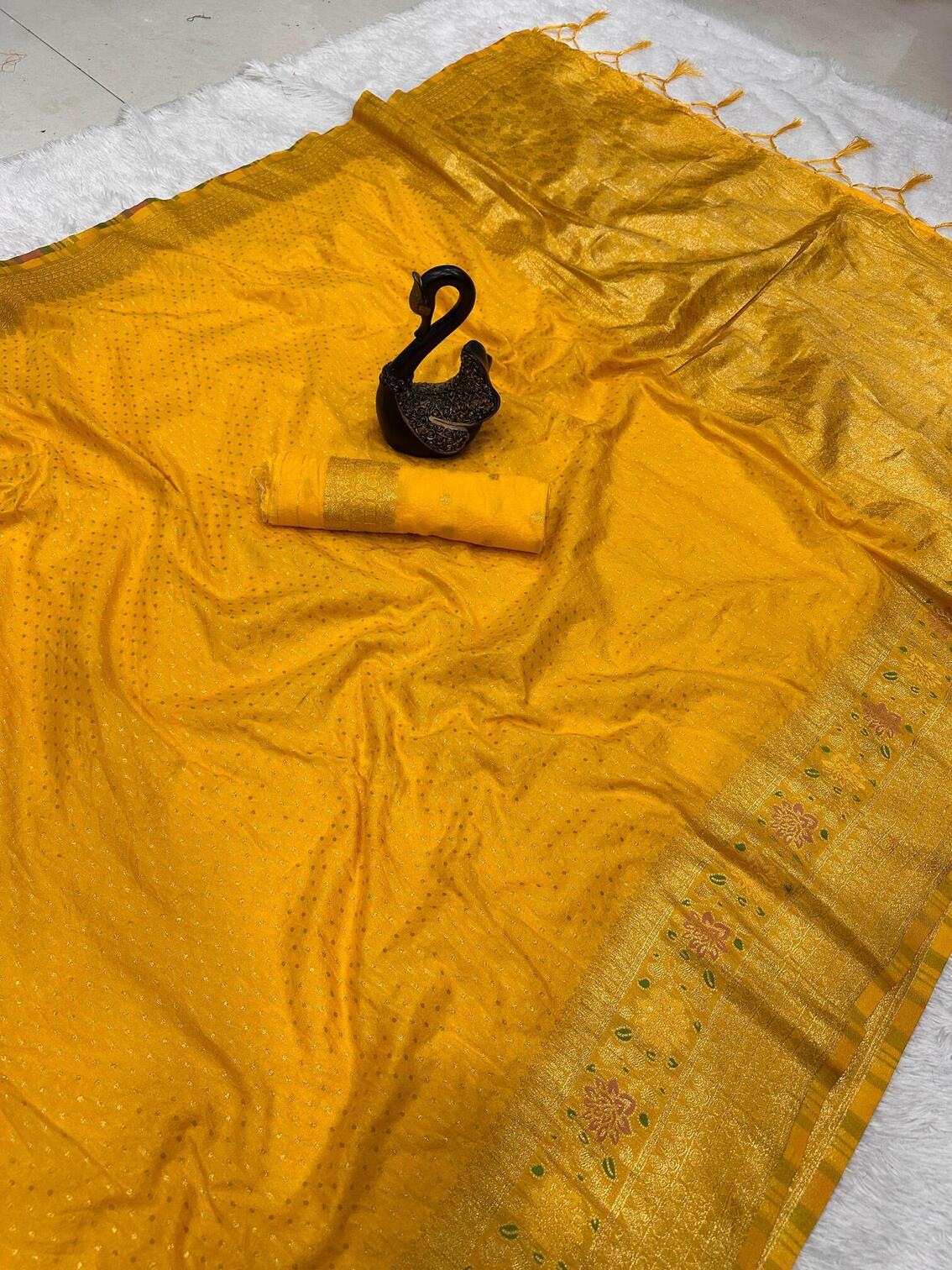 Beautiful Yellow Soft Banarasi Silk Saree With Snazzy Blouse Piece