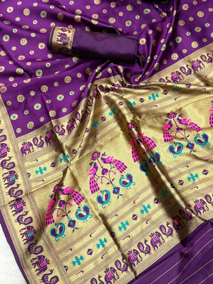 Moiety Purple Paithani Silk Saree With Winsome Blouse Piece