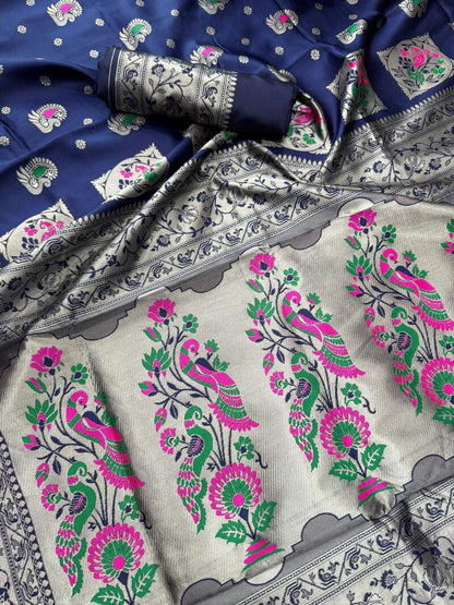 Allure Navy Blue Paithani Silk Saree With Dulcet Blouse Piece