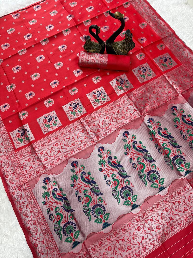 Flamboyant Red Paithani Silk Saree With Hypnotic Blouse Piece