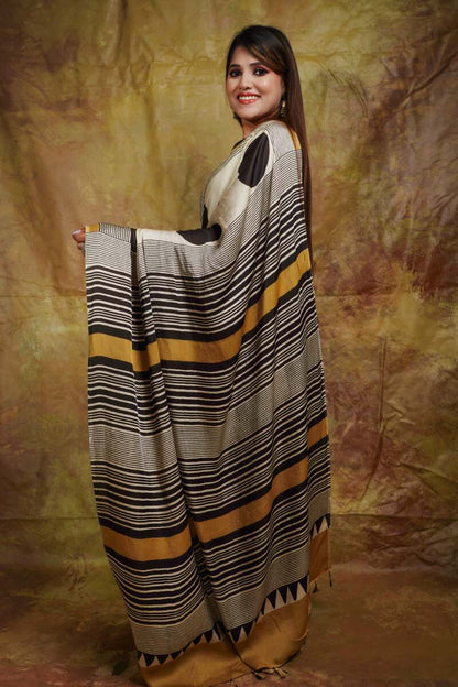 Engaging Beige Digital Printed Crape Silk Saree With Blooming Blouse Piece