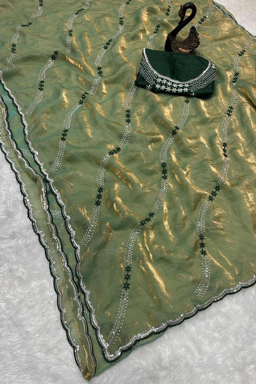 Load image into Gallery viewer, Ethnic Green Sequence Work Fandy Silk Saree With Glamorous Blouse Piece
