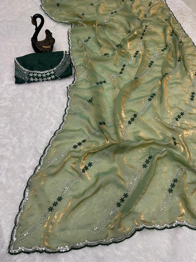 Ethnic Green Sequence Work Fandy Silk Saree With Glamorous Blouse Piece