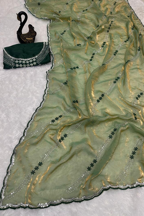 Load image into Gallery viewer, Ethnic Green Sequence Work Fandy Silk Saree With Glamorous Blouse Piece

