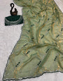 Ethnic Green Sequence Work Fandy Silk Saree With Glamorous Blouse Piece