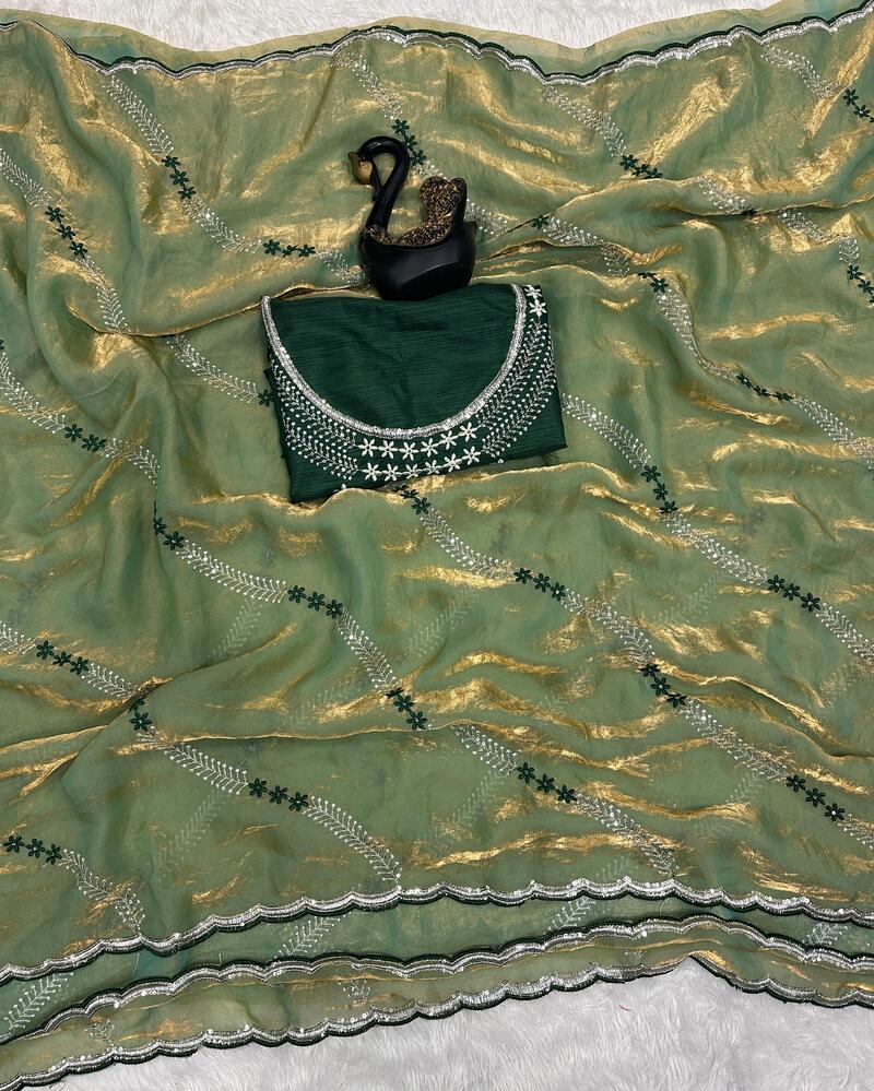 Ethnic Green Sequence Work Fandy Silk Saree With Glamorous Blouse Piece