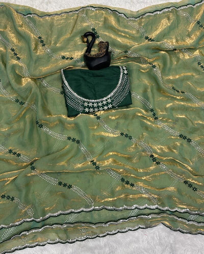 Ethnic Green Sequence Work Fandy Silk Saree With Glamorous Blouse Piece