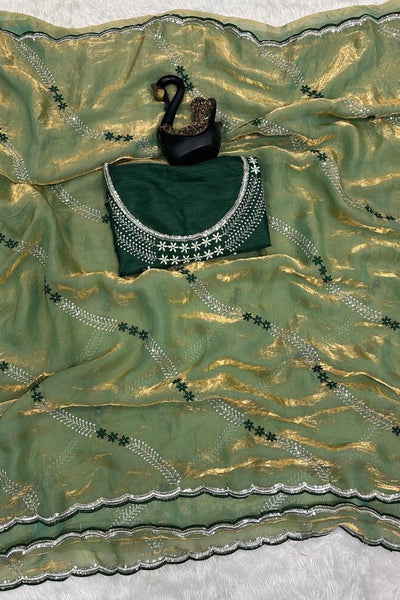 Ethnic Green Sequence Work Fandy Silk Saree With Glamorous Blouse Piece