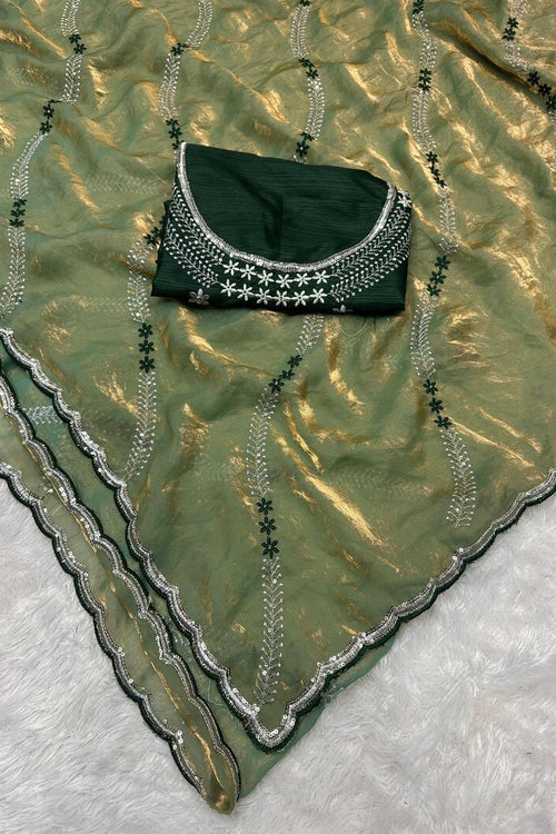 Load image into Gallery viewer, Ethnic Green Sequence Work Fandy Silk Saree With Glamorous Blouse Piece
