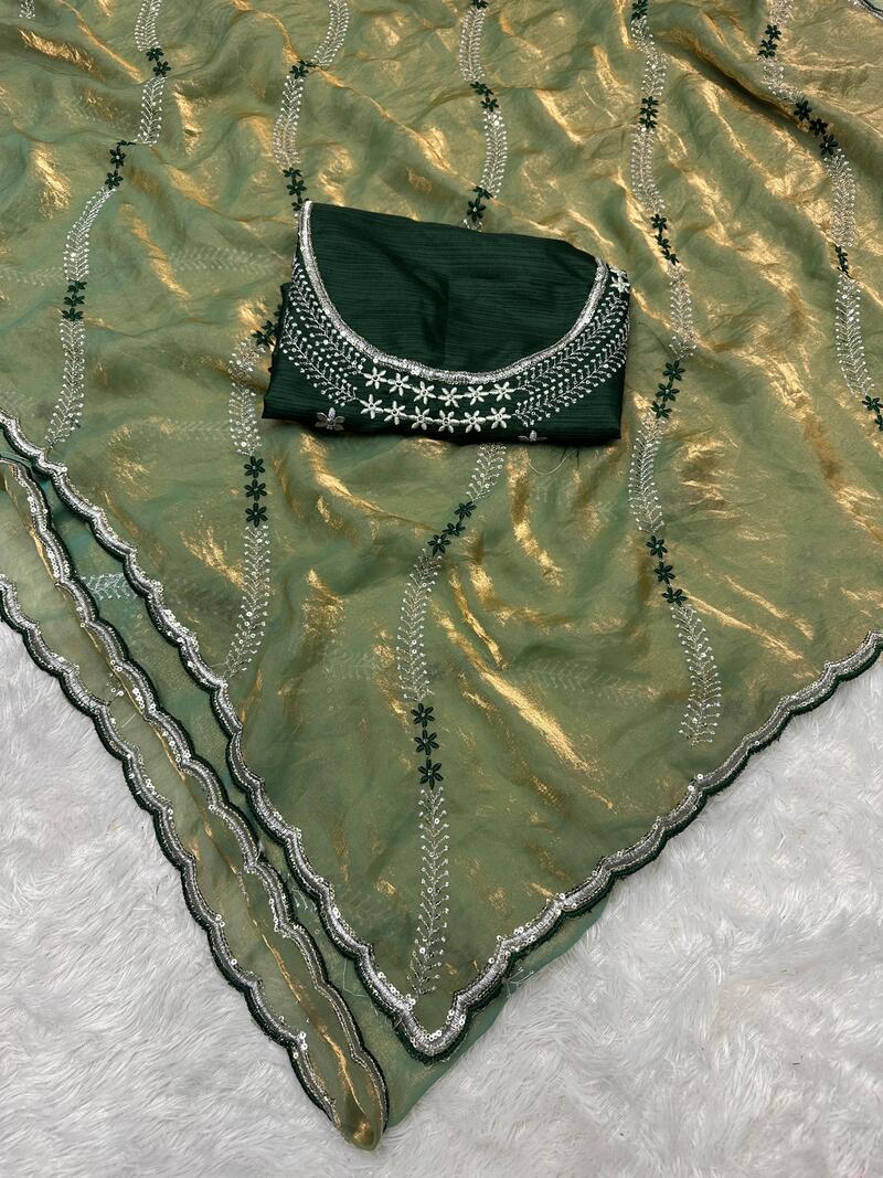 Ethnic Green Sequence Work Fandy Silk Saree With Glamorous Blouse Piece