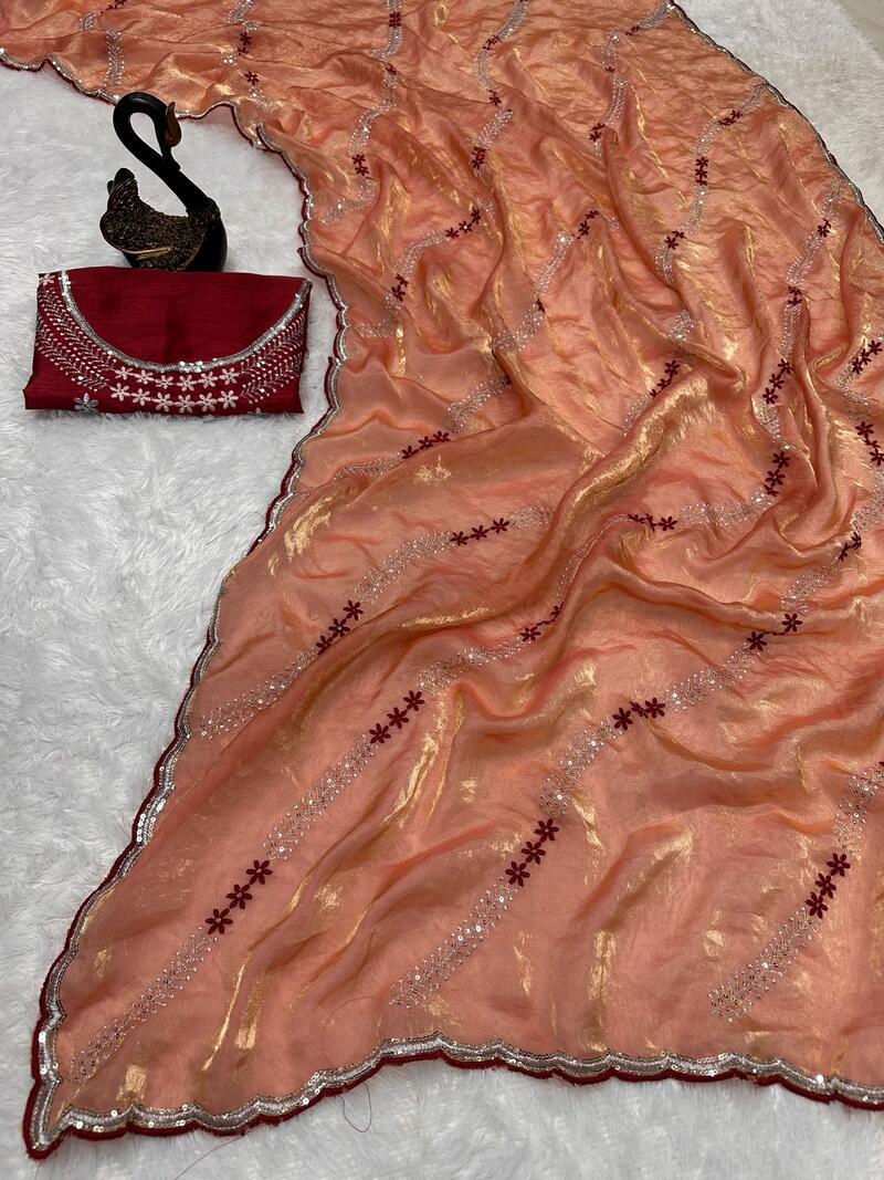 Embrocation Orange Sequence Work Fandy Silk Saree With Gratifying Blouse Piece