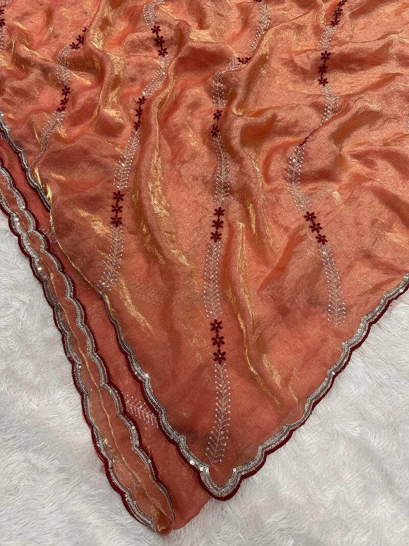 Embrocation Orange Sequence Work Fandy Silk Saree With Gratifying Blouse Piece