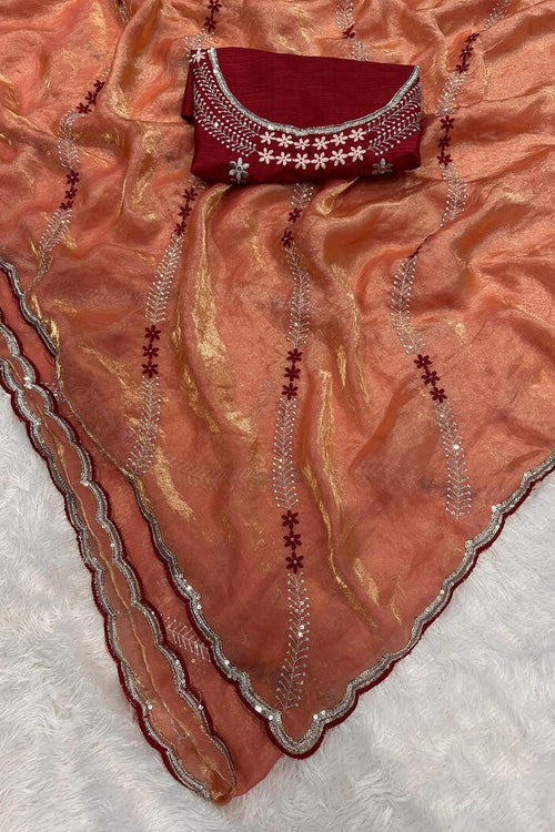 Load image into Gallery viewer, Embrocation Orange Sequence Work Fandy Silk Saree With Gratifying Blouse Piece
