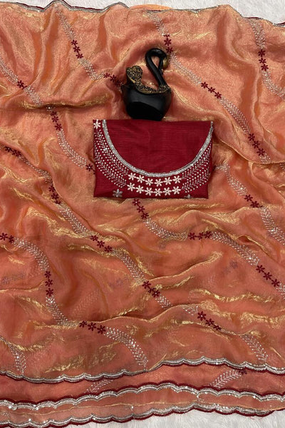 Embrocation Orange Sequence Work Fandy Silk Saree With Gratifying Blouse Piece