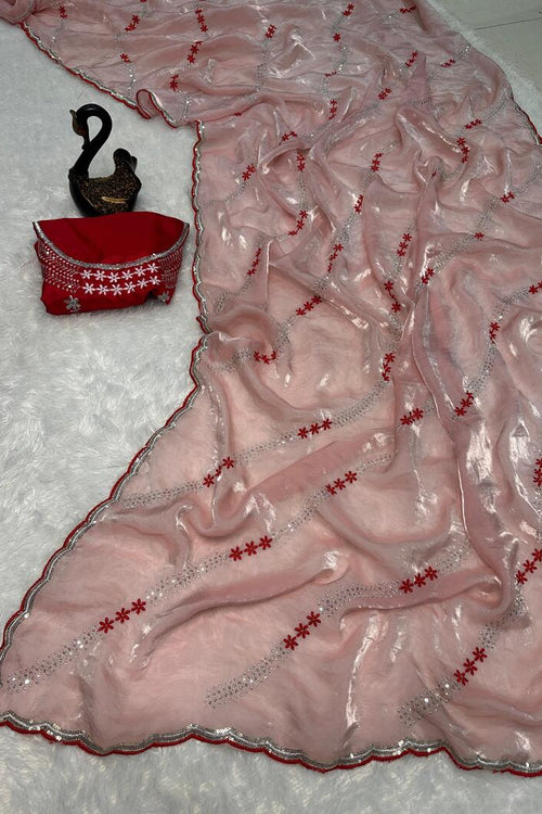 Load image into Gallery viewer, Seraglio Peach Sequence Work Fandy Silk Saree With Proficient Blouse Piece
