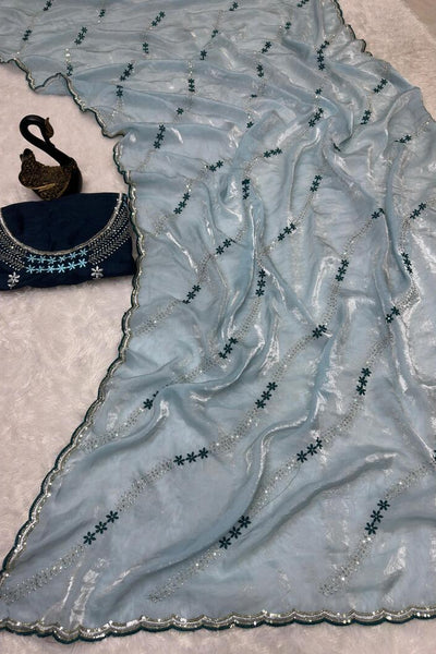 Ravishing Sky Sequence Work Fandy Silk Saree With Gorgeous Blouse Piece